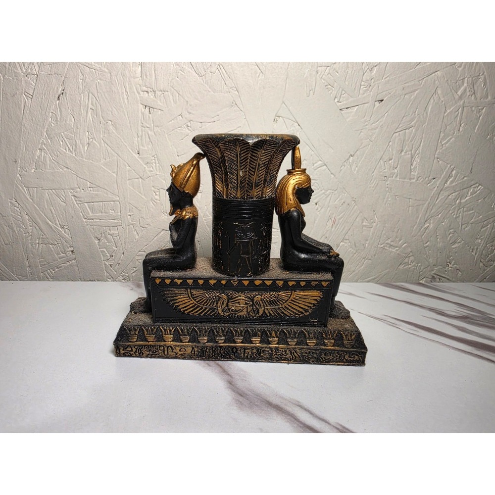 Egyptian Revival Candle Holder Black Gold Resin Pharaoh Goddess